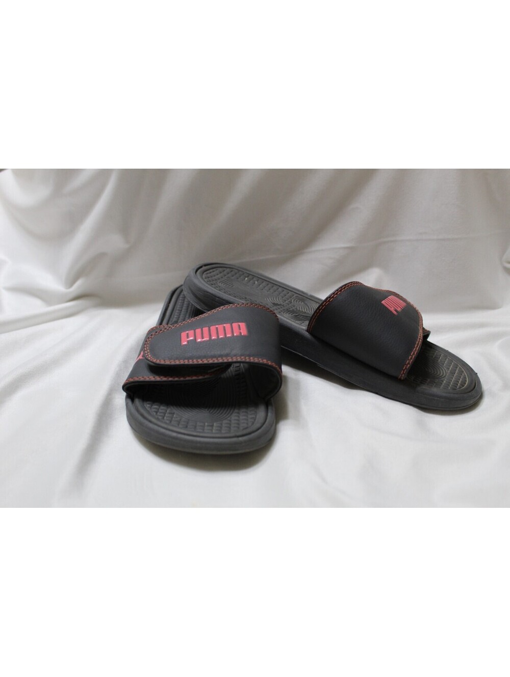 Puma Women's Adjustable Slides Size 10 Pink Cat and Logo Charcoal Grey Sandal